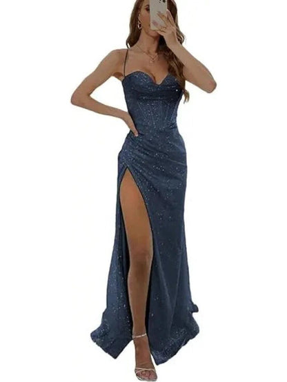 navy sequined thigh slit prom dress with spaghetti straps