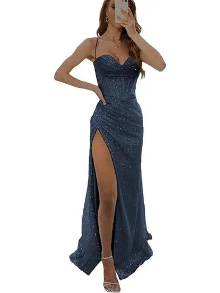 navy sequined thigh slit prom dress with spaghetti straps