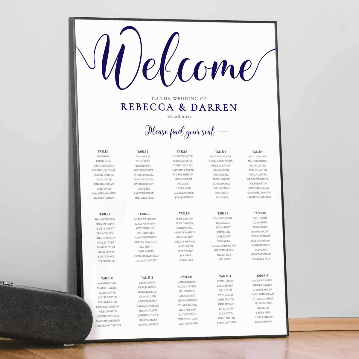 navy elegant seating chart framed 15 tables