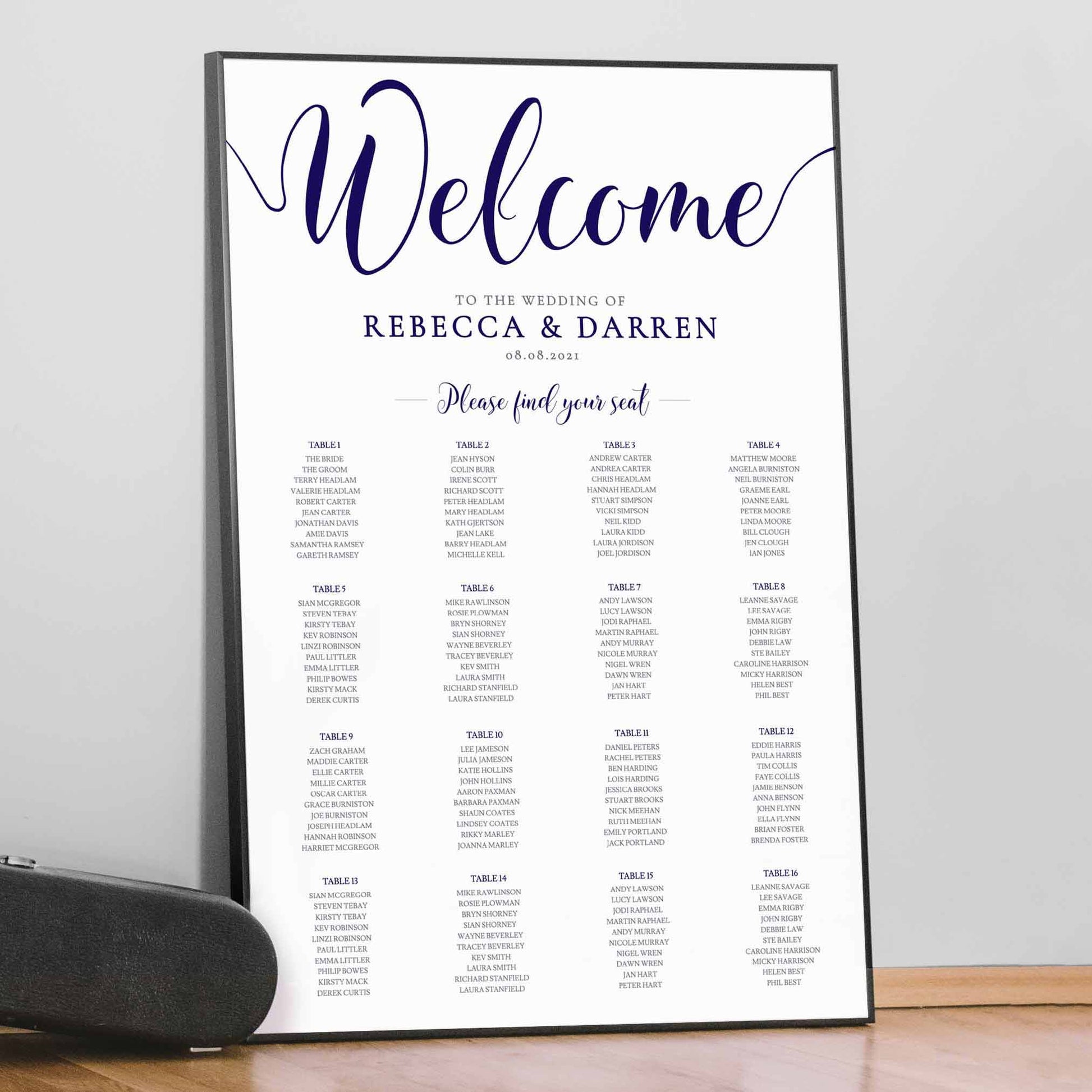 navy wedding table plan with 16 tables