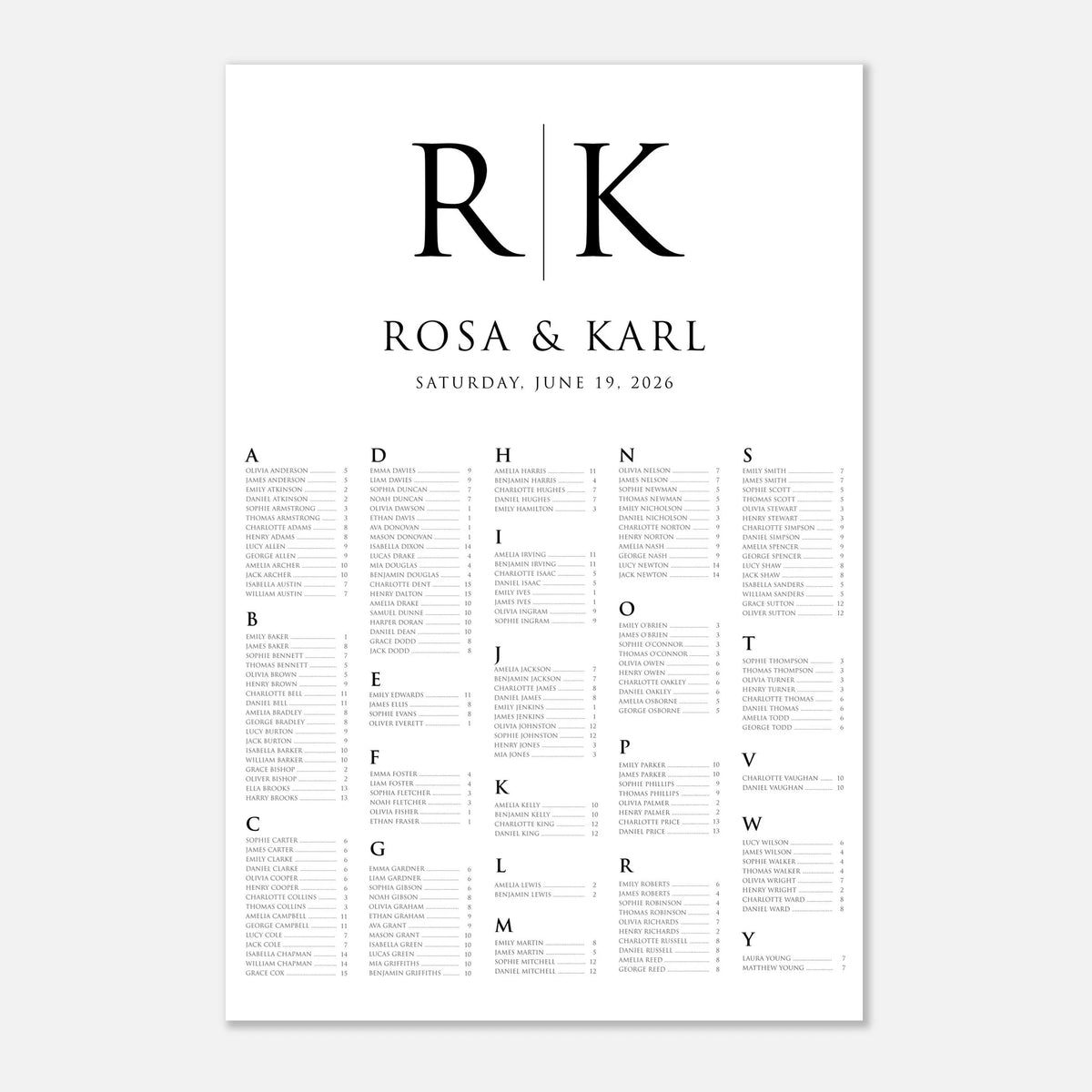 A minimalist wedding guest list print featuring large black initials 'R|K' and the names 'ROSA & KARL' with the date 'SATURDAY, JUNE 19, 2026' at the top, followed by organized event details in a grid below on a white background.