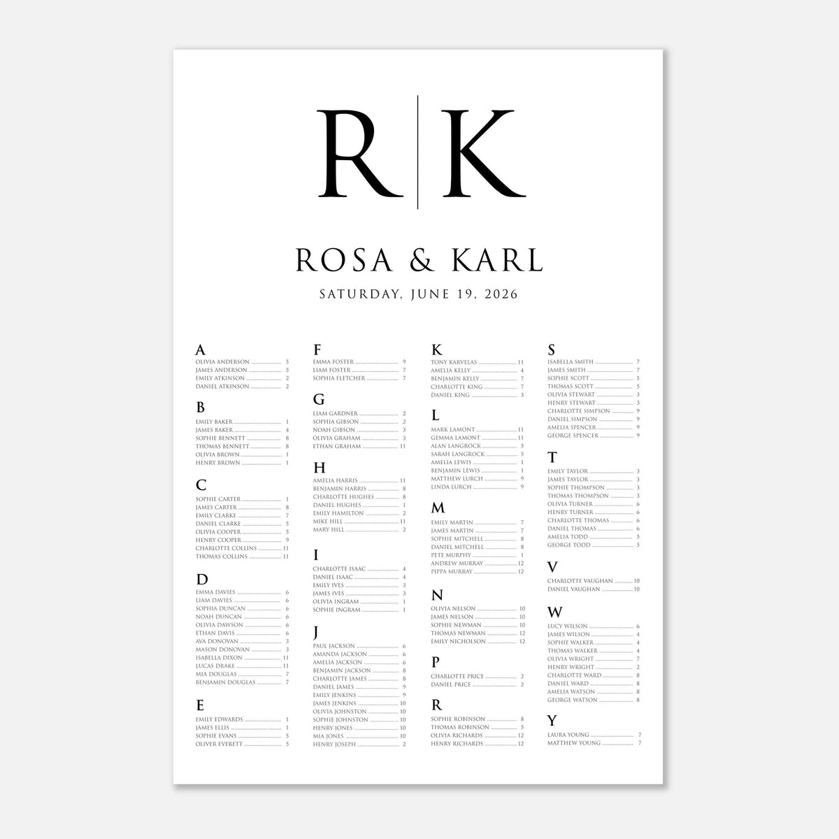 A minimalist wedding reception seating chart print featuring black typography on a white background, customized with the initials 'R|K' and the names 'ROSA & KARL' at the top, with event details dated Saturday, June 19, 2026.