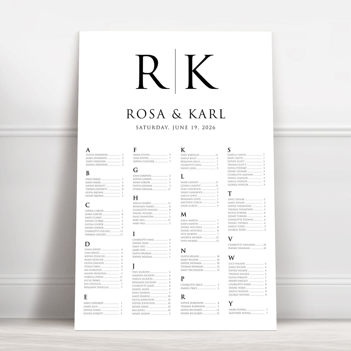 Personalised Black & White Monogram Wedding Seating Chart – 24 × 36″ Foamboard - We Do Bou