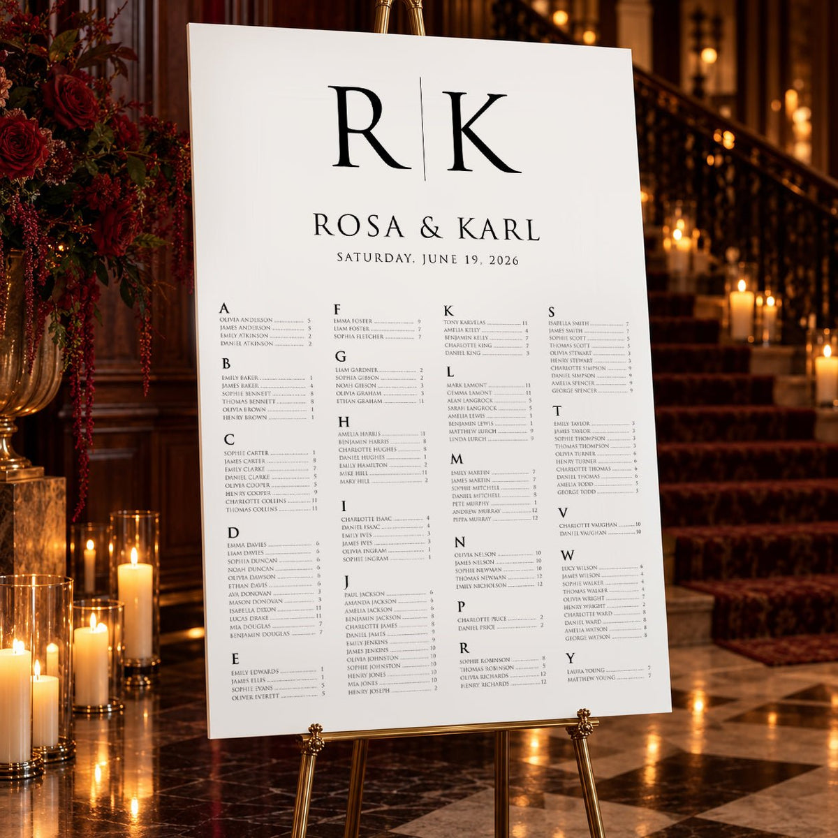 Personalised Black & White Monogram Wedding Seating Chart – 24 × 36″ Foamboard - We Do Bou