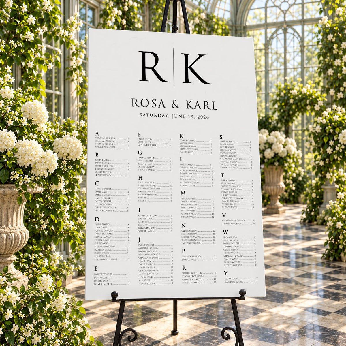 Personalised Black & White Monogram Wedding Seating Chart – 24 × 36″ Foamboard - We Do Bou