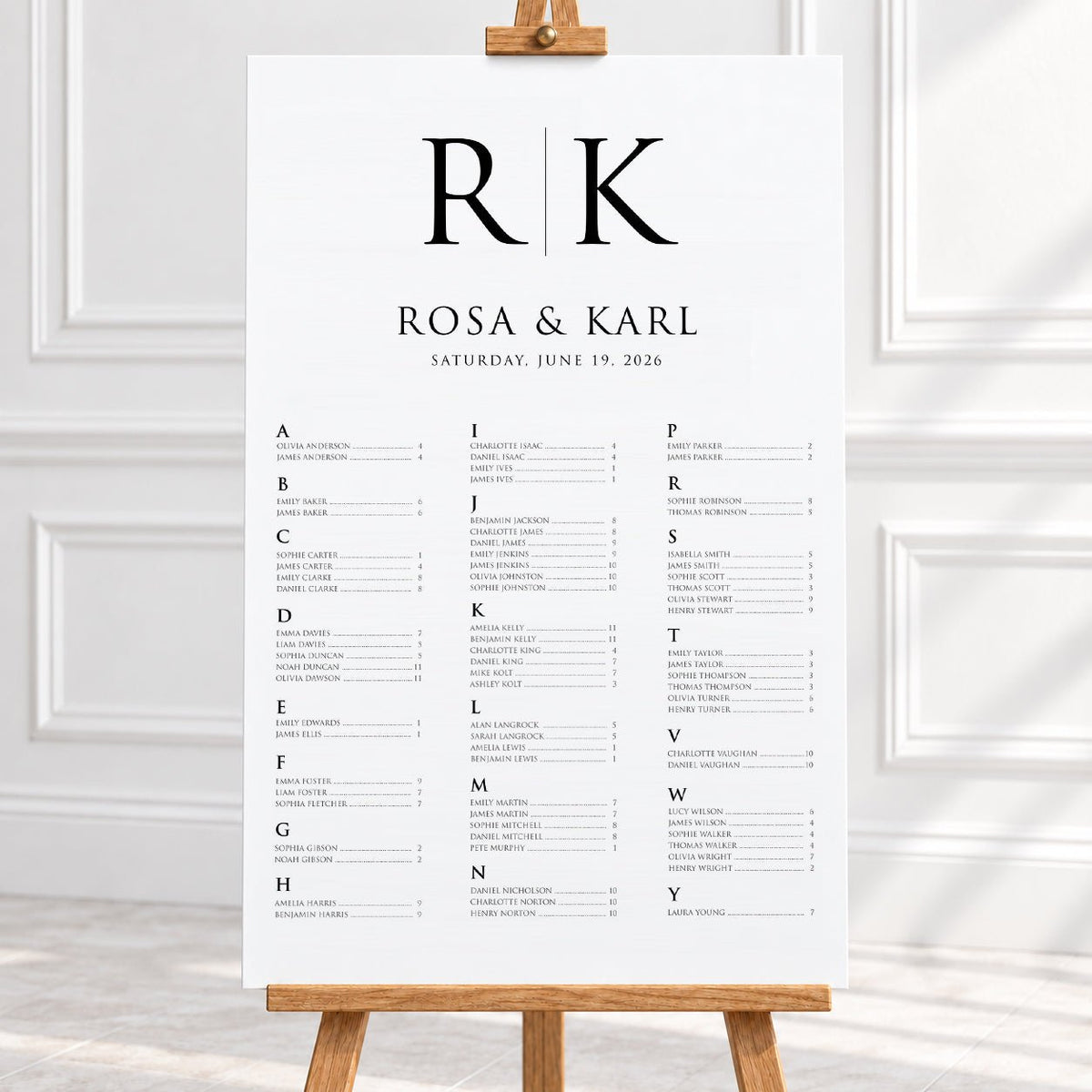 Personalised Black & White Monogram Wedding Seating Chart – 24 × 36″ Foamboard - We Do Bou