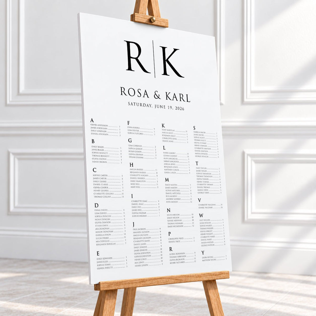 Personalised Black & White Monogram Wedding Seating Chart – 24 × 36″ Foamboard - We Do Bou