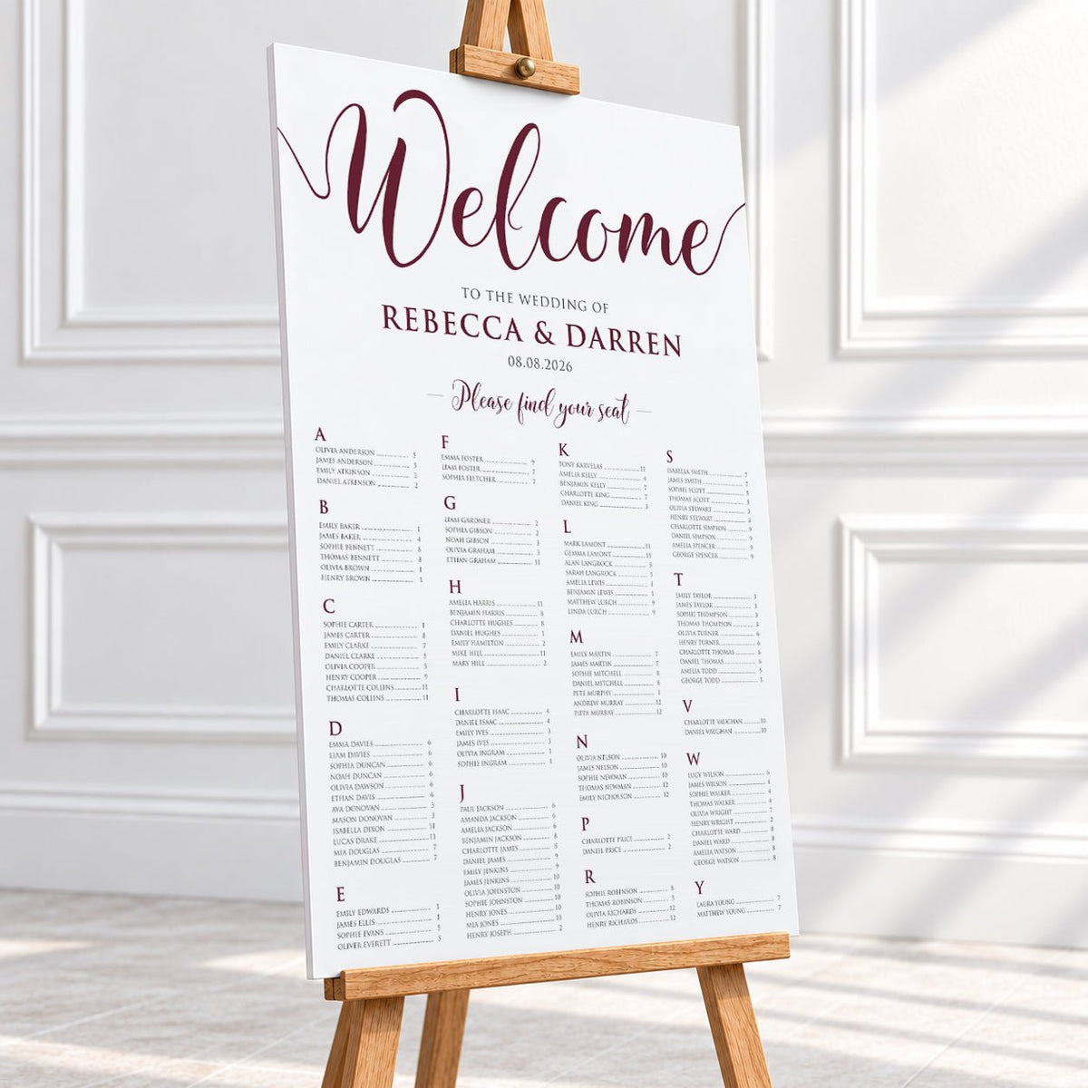 Personalised Burgundy Script Wedding Seating Chart – 24 × 36″ Foamboard - We Do Bou