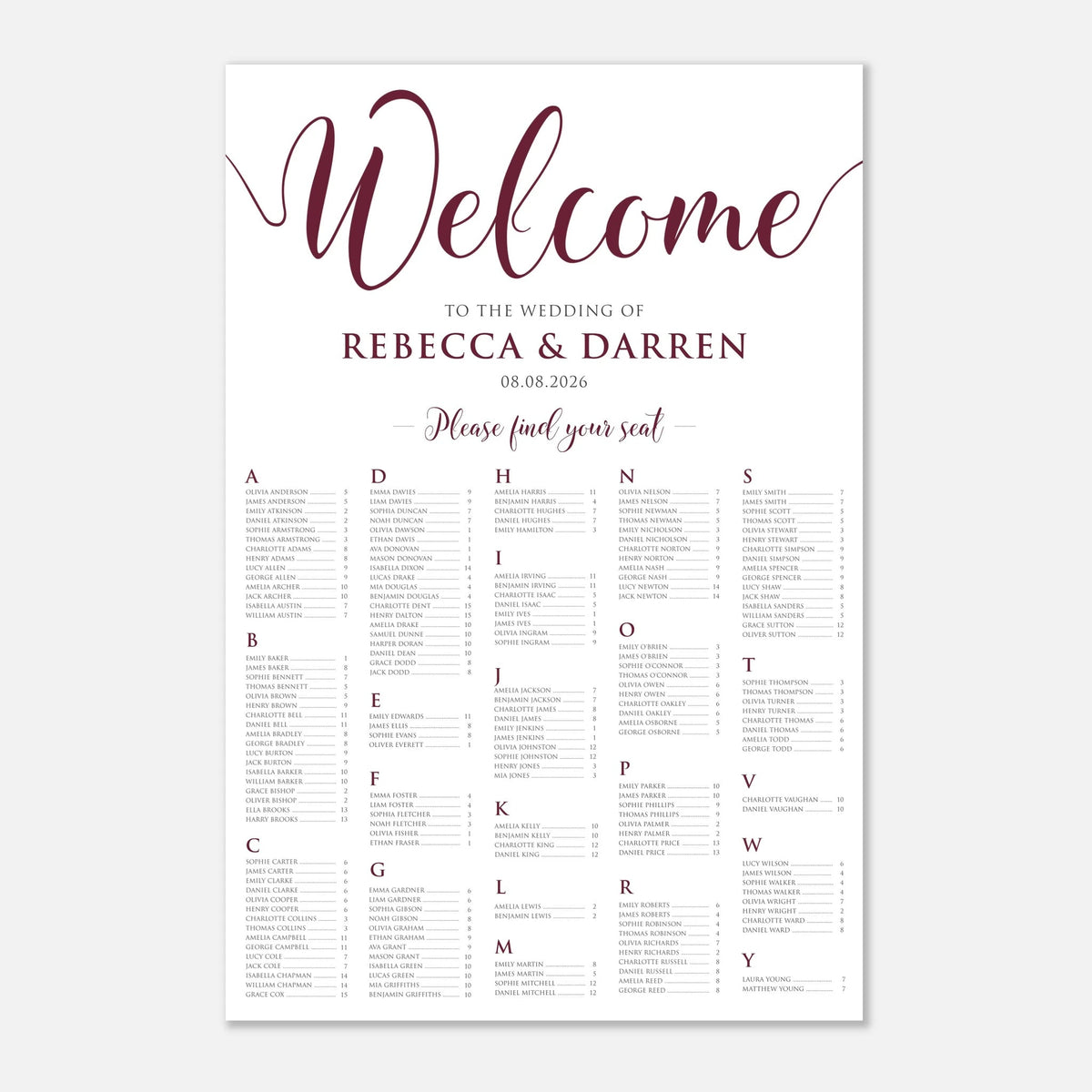 A wedding welcome seating chart print with elegant dark burgundy script and serif text on a white background, featuring the heading 'Welcome' and tables of guests seated by letter blocks.