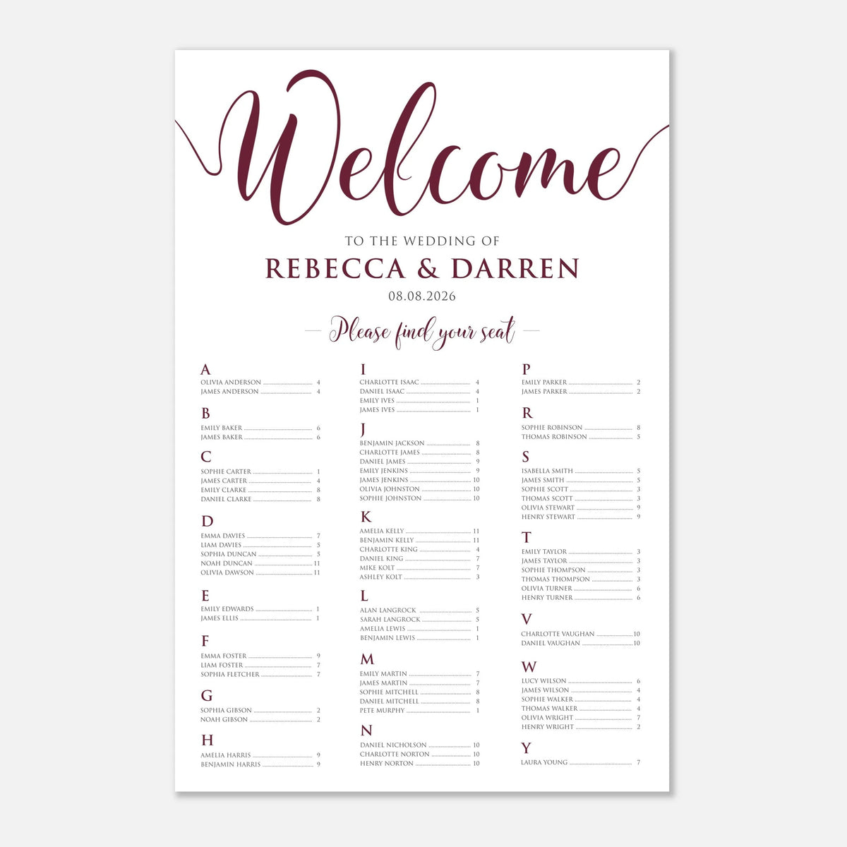 A wedding welcome seating chart print with elegant dark burgundy script and serif text on a white background, featuring the names of the couple and sections for guests to place their plates.
