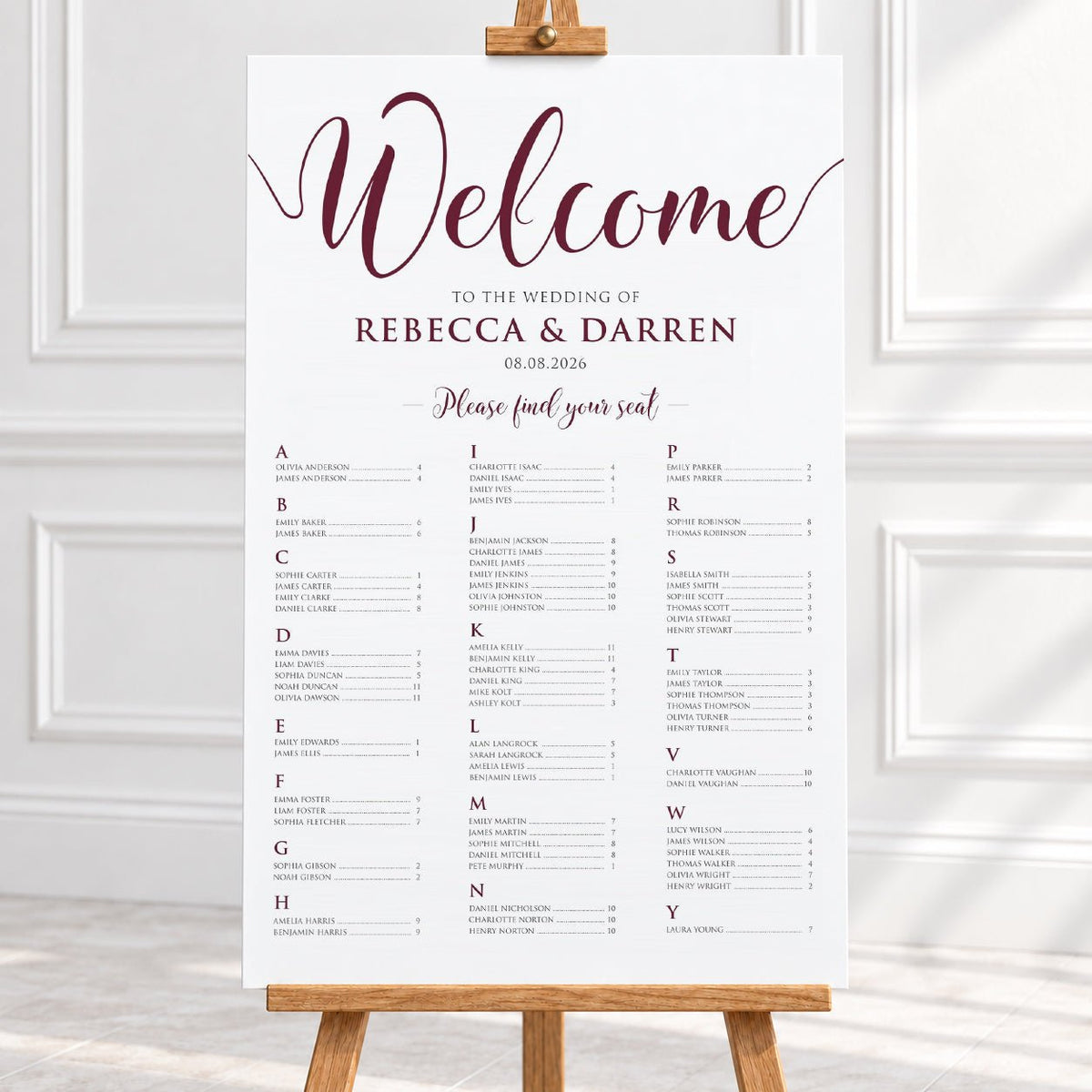 Personalised Burgundy Script Wedding Seating Chart – 24 × 36″ Foamboard - We Do Bou