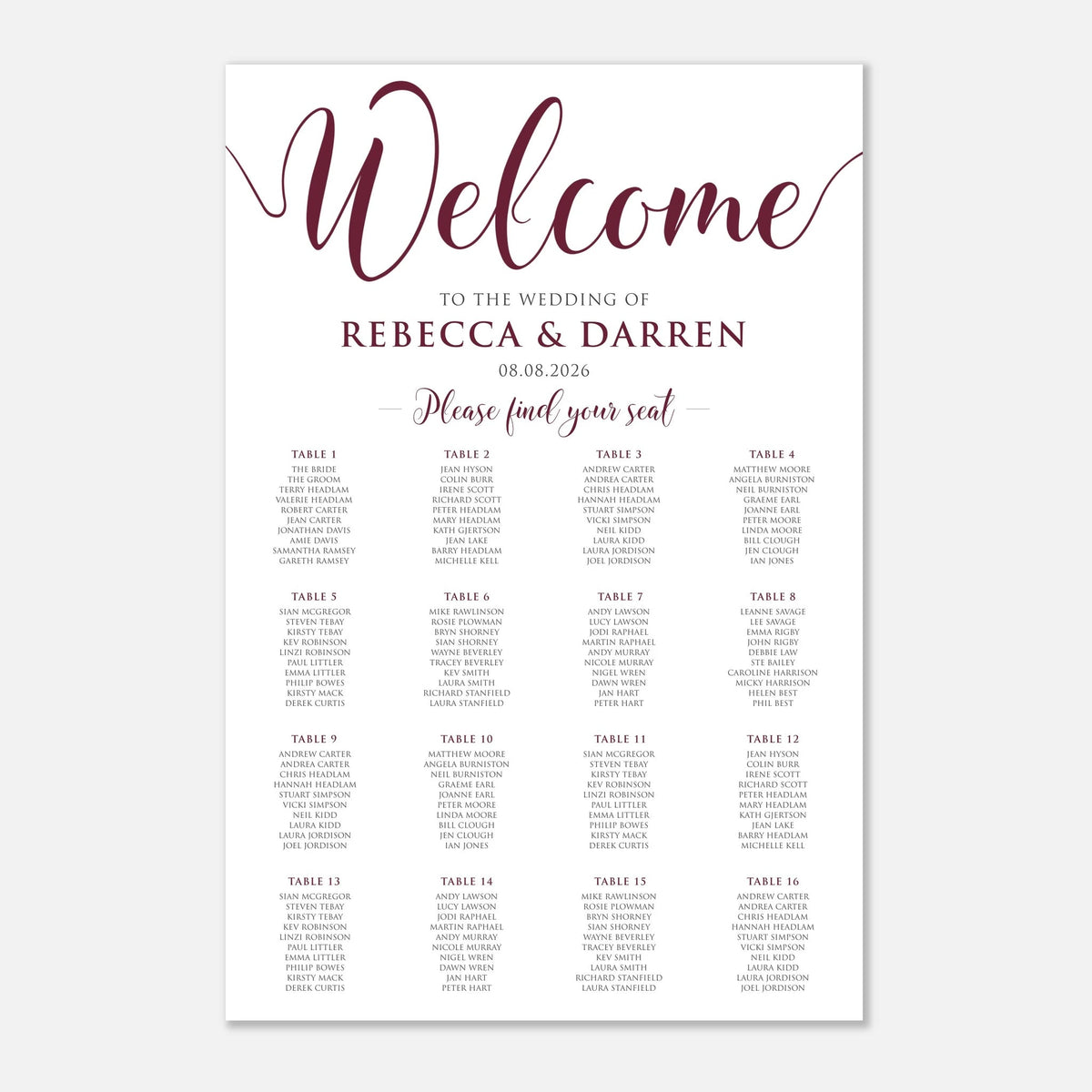 A wedding welcome seating chart print with elegant burgundy script reading 'Welcome' and the names 'Rebecca & Darren' with the date '08.08. With 16 tables.