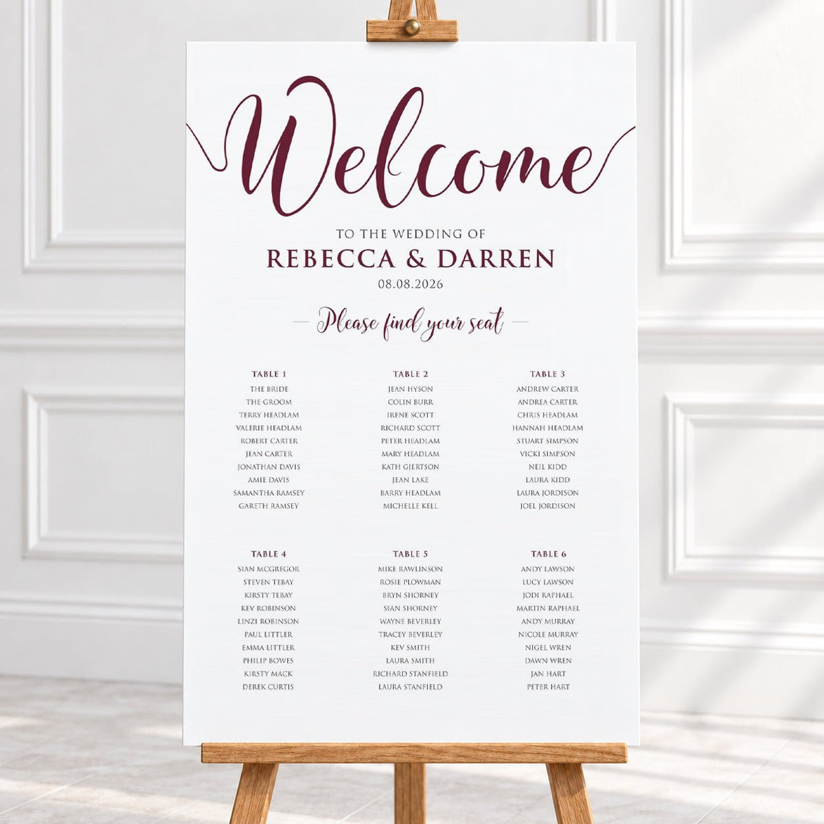 Personalised Burgundy Script Wedding Table Plan – 24 × 36″ Foamboard - We Do Bou