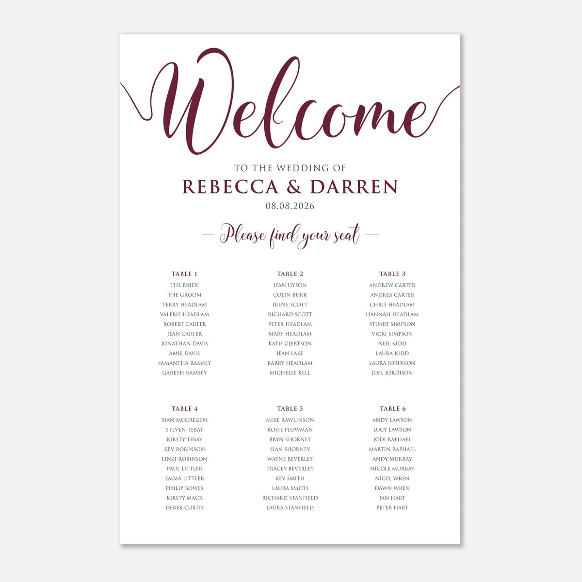 A wedding welcome sign or seating chart card with elegant burgundy script reading 'Welcome' and printed event details including the wedding names, date, and table arrangements on a white background.