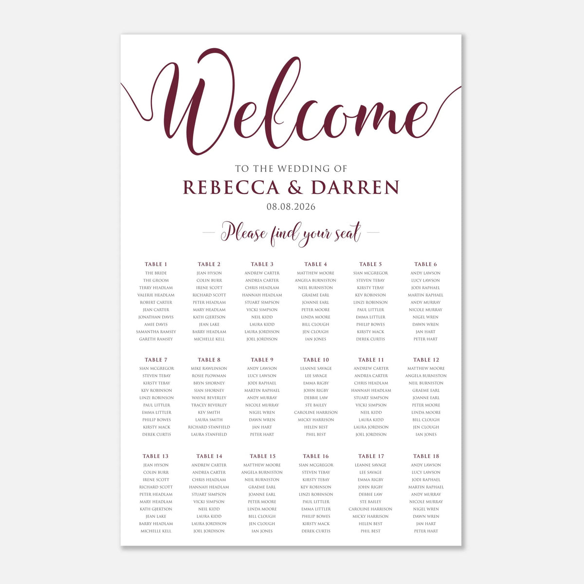 A wedding seating chart print with a white background, featuring a large maroon 'Welcome' script at the top, the names 'Rebecca & Darren', the date '08.08.