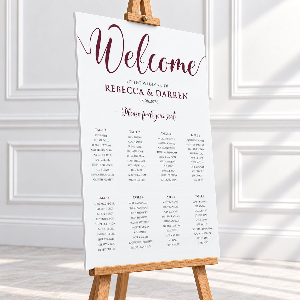 Personalised Burgundy Script Wedding Table Plan – 24 × 36″ Foamboard - We Do Bou