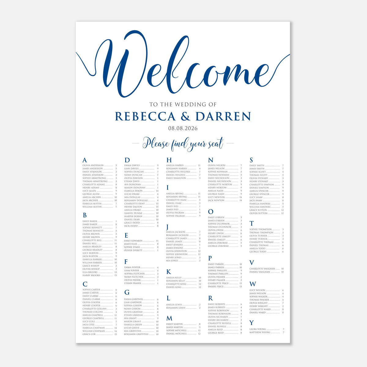 A vertical wedding welcome sign with a white background and royal blue typography. The top reads 'Welcome' in large script, followed by 'to the wedding of Rebecca & Darren' and the date '08.
