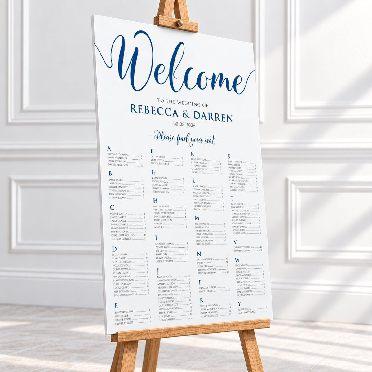 Personalised Deep Royal Blue Script Wedding Seating Chart – 24 × 36″ Foamboard - We Do Bou