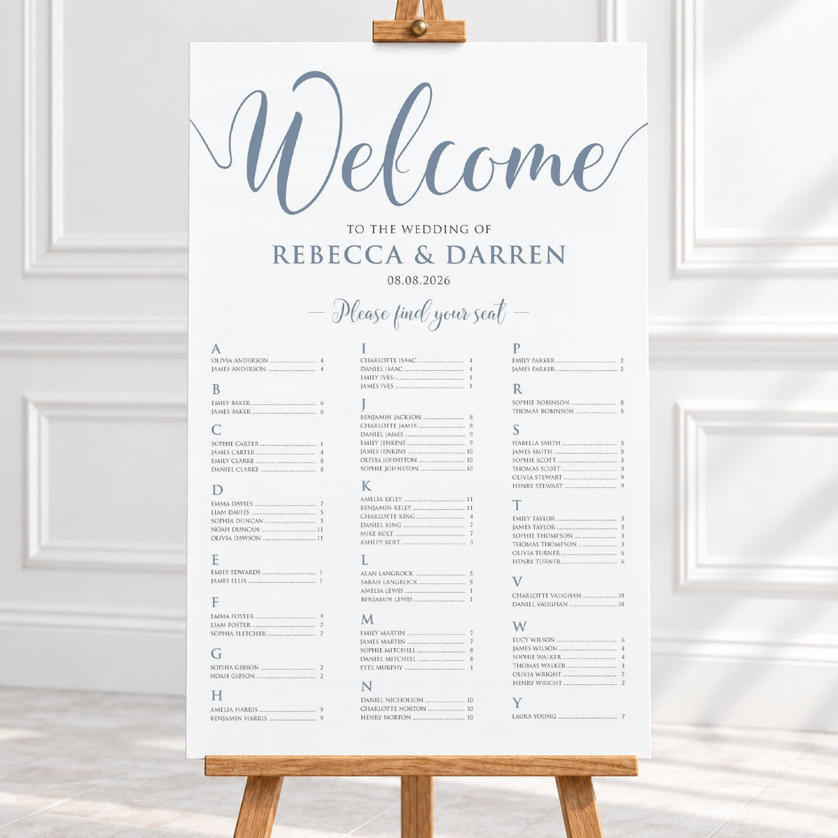 Personalised Dusty Blue Script Wedding Seating Chart – 24 × 36″ Foamboard - We Do Bou