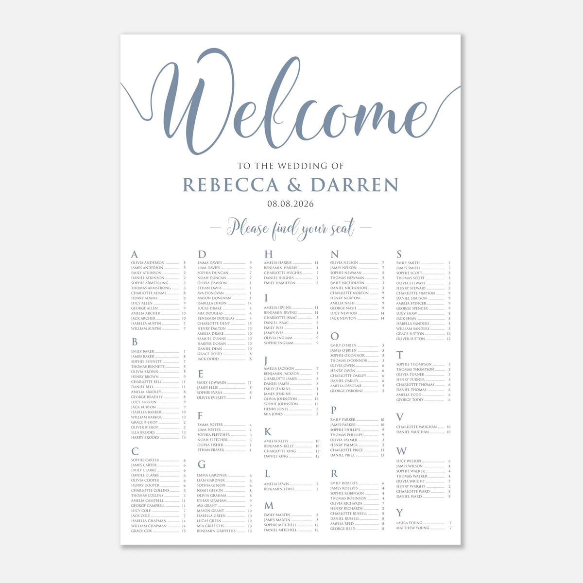 A vertical wedding welcome seating chart print with elegant dusty blue script reading 'Welcome' and a table of guest names organized by letters, shown on a light gray background.