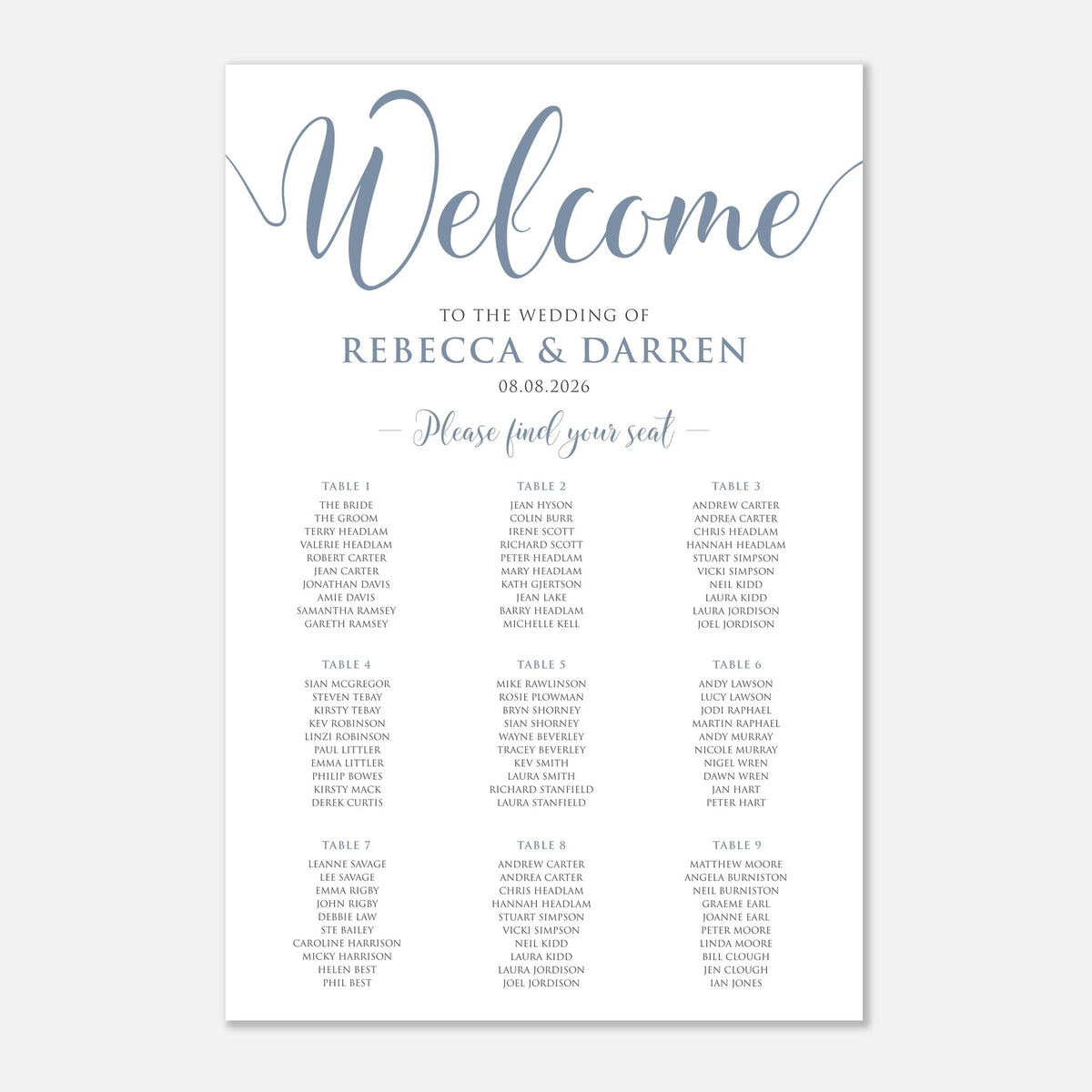 A wedding welcome seating chart print with elegant blue script reading 'Welcome' and dusty blue serif text reading 'to the wedding of Rebecca & Darren 08.08.