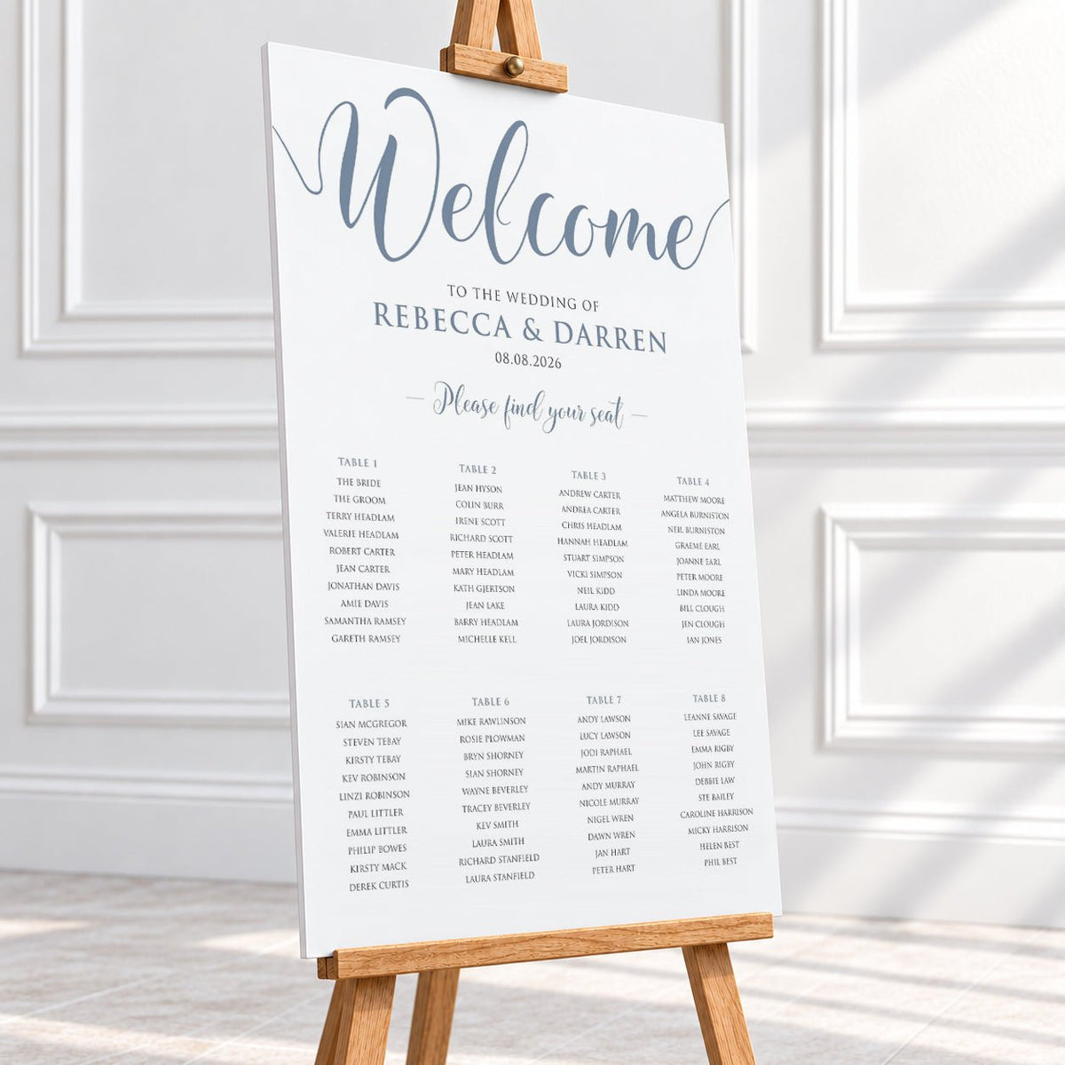 Personalised Dusty Blue Script Wedding Table Plan – 24 × 36″ Foamboard - We Do Bou
