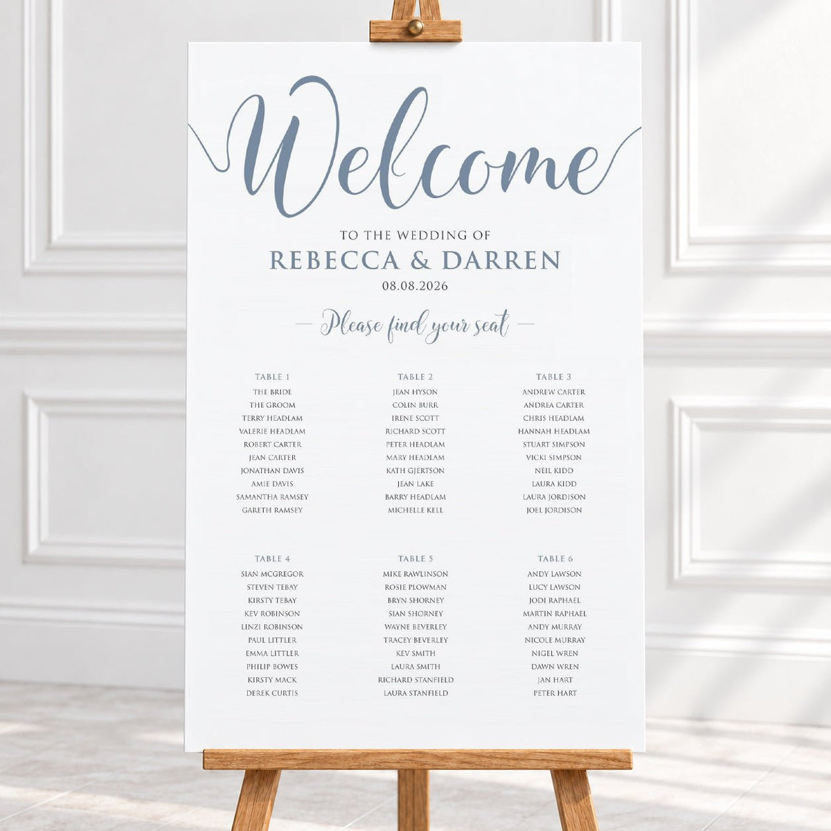 Personalised Dusty Blue Script Wedding Table Plan – 24 × 36″ Foamboard - We Do Bou