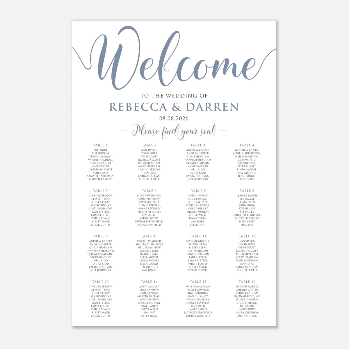 A wedding seating chart print with a white background, featuring elegant dusty blue script text reading 'Welcome' and a list of 16 tables with guest names below.