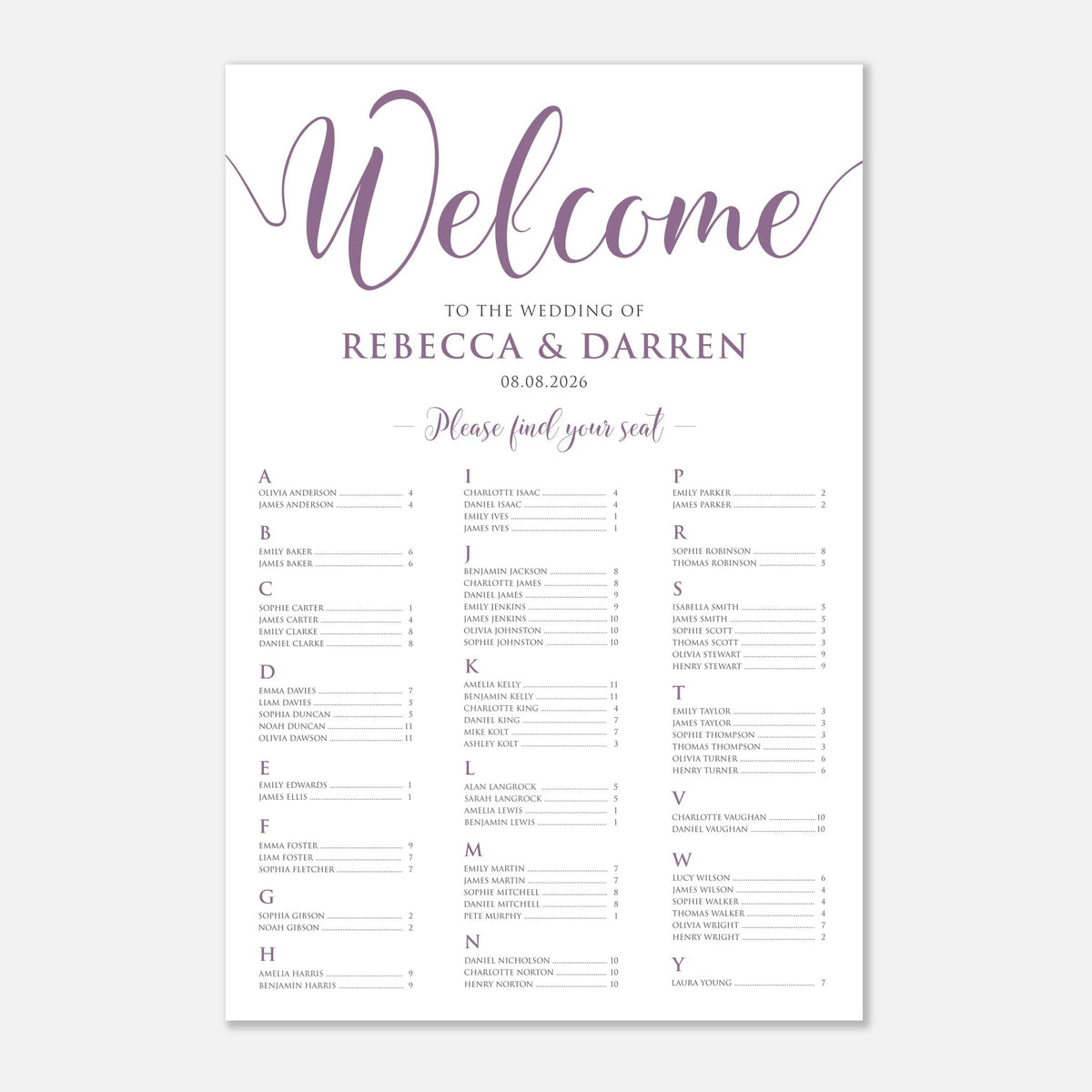 A wedding reception welcome seat guide printed on a white card with elegant purple script and serif text, shown against a light gray background.