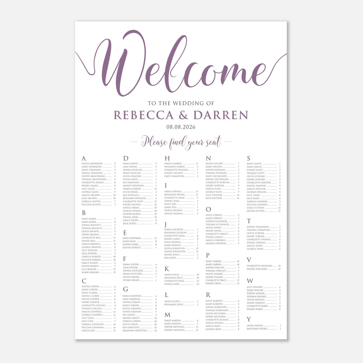 A vertical wedding welcome sign with elegant purple script reading 'Welcome' and the names 'Rebecca & Darren' with the date '08.08.