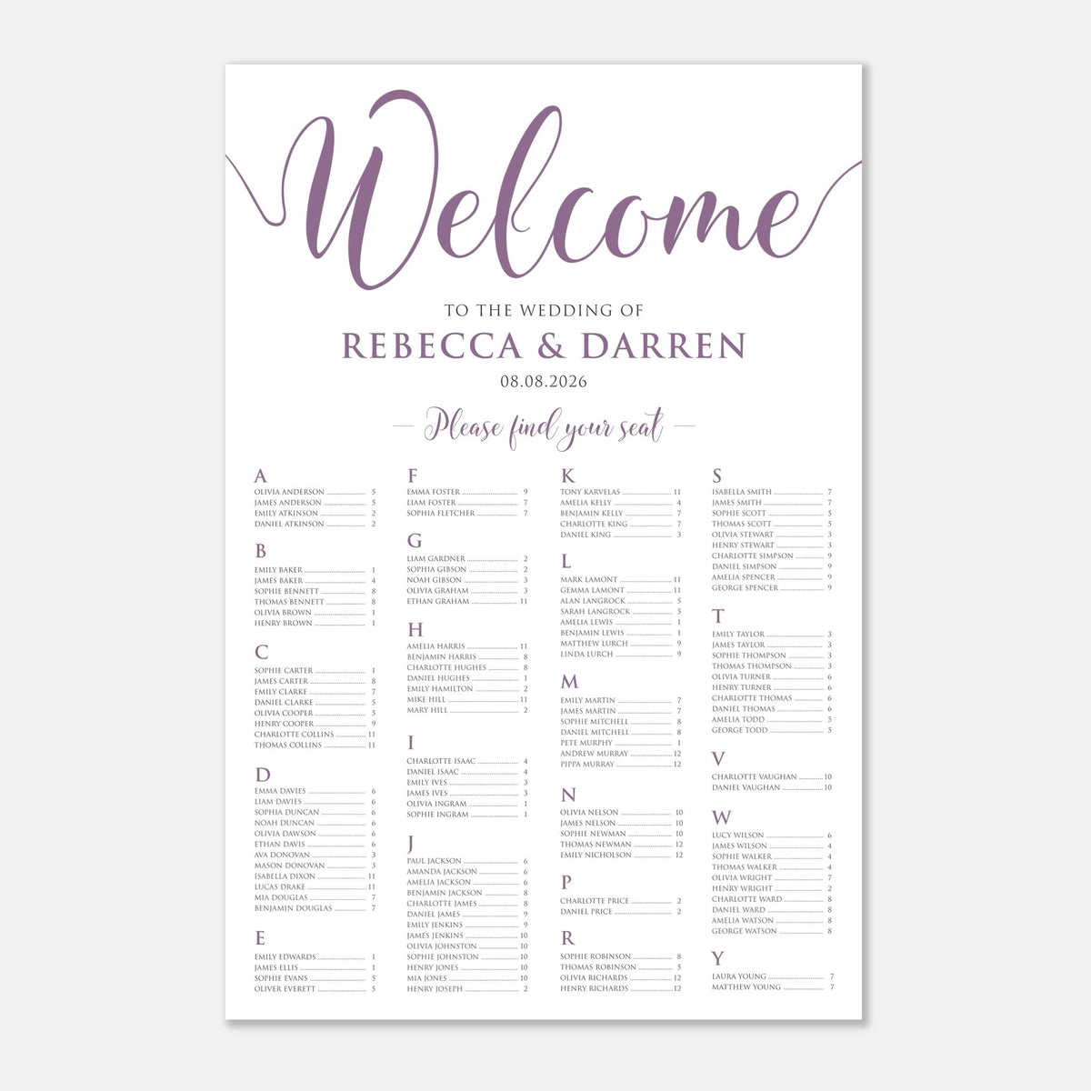 A wedding reception seating chart print with a white background and purple text, featuring the word 'Welcome' at the top and a grid of alphabet sections listing guests and tables.