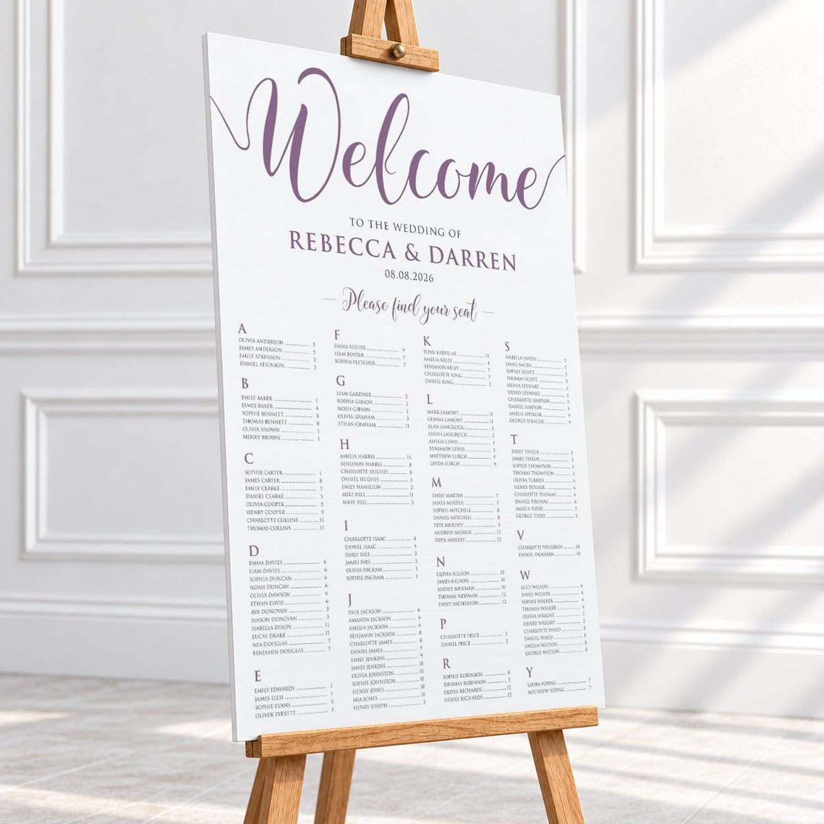 Personalised Dusty Mauve Script Wedding Seating Chart – 24 × 36″ Foamboard - We Do Bou