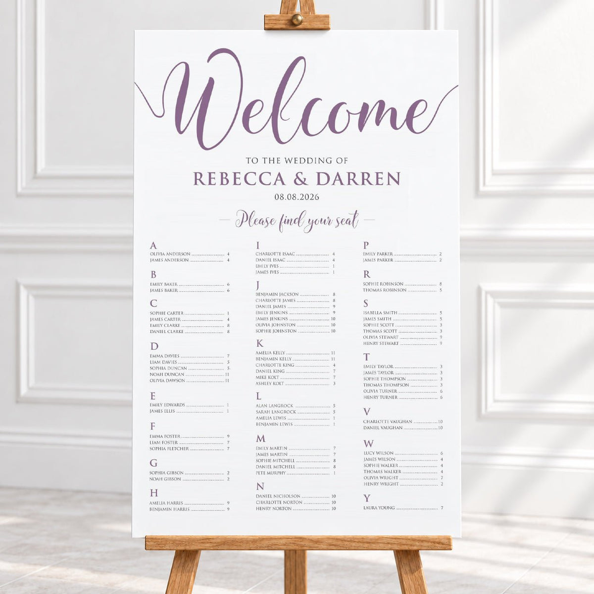 Personalised Dusty Mauve Script Wedding Seating Chart – 24 × 36″ Foamboard - We Do Bou