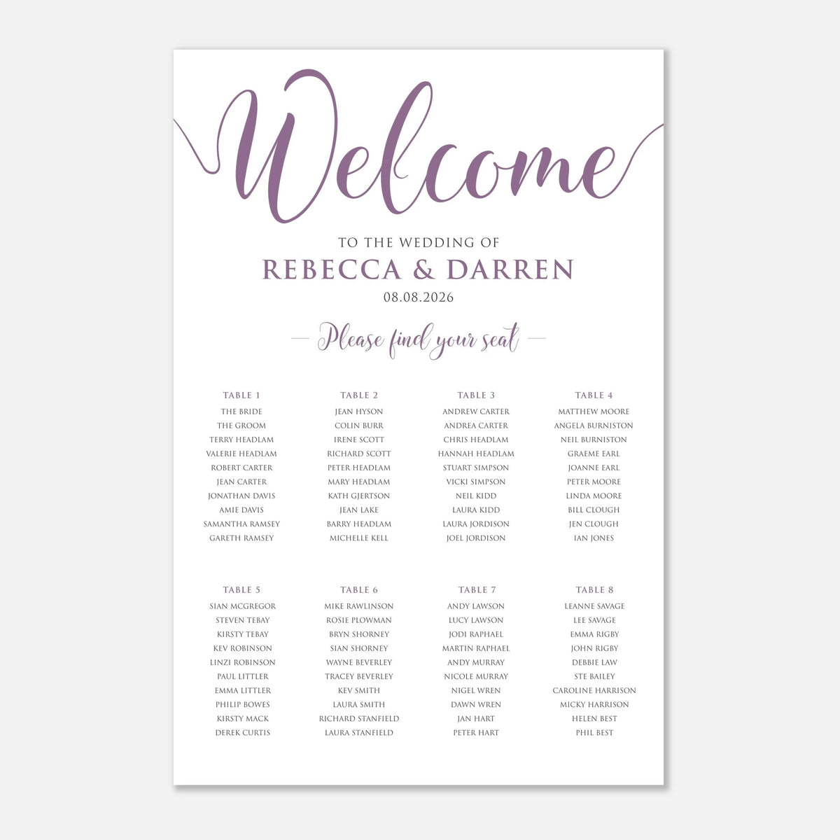A wedding welcome seating chart print with elegant purple script reading 'Welcome' and black text listing tables and guest names on a white background.