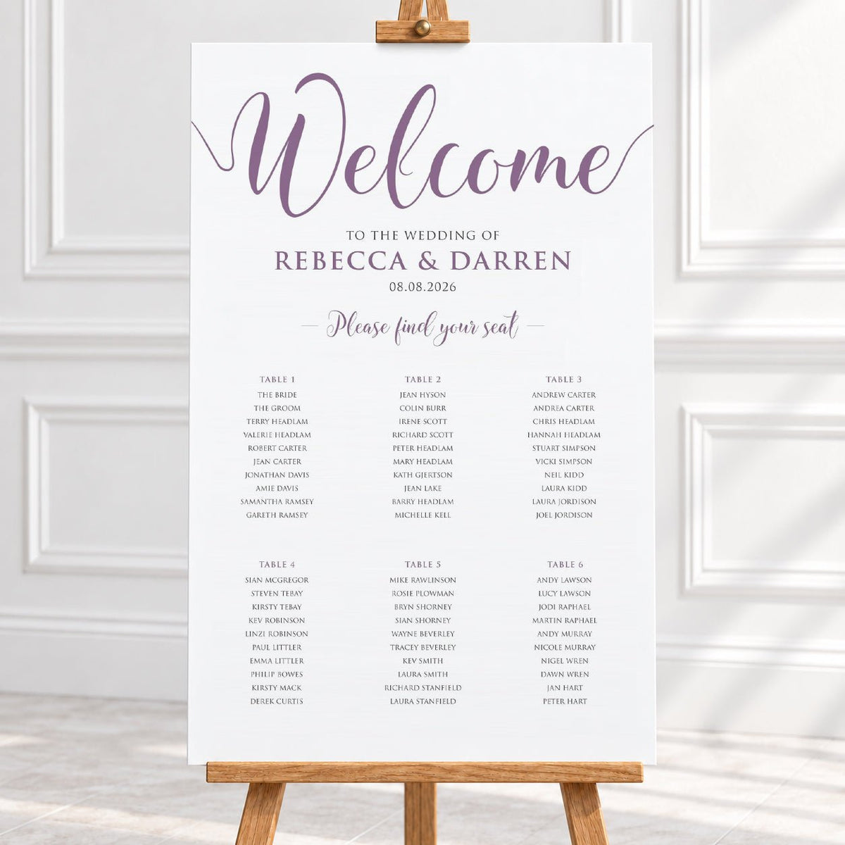Personalised Dusty Mauve Script Wedding Table Plan – 24 × 36″ Foamboard - We Do Bou