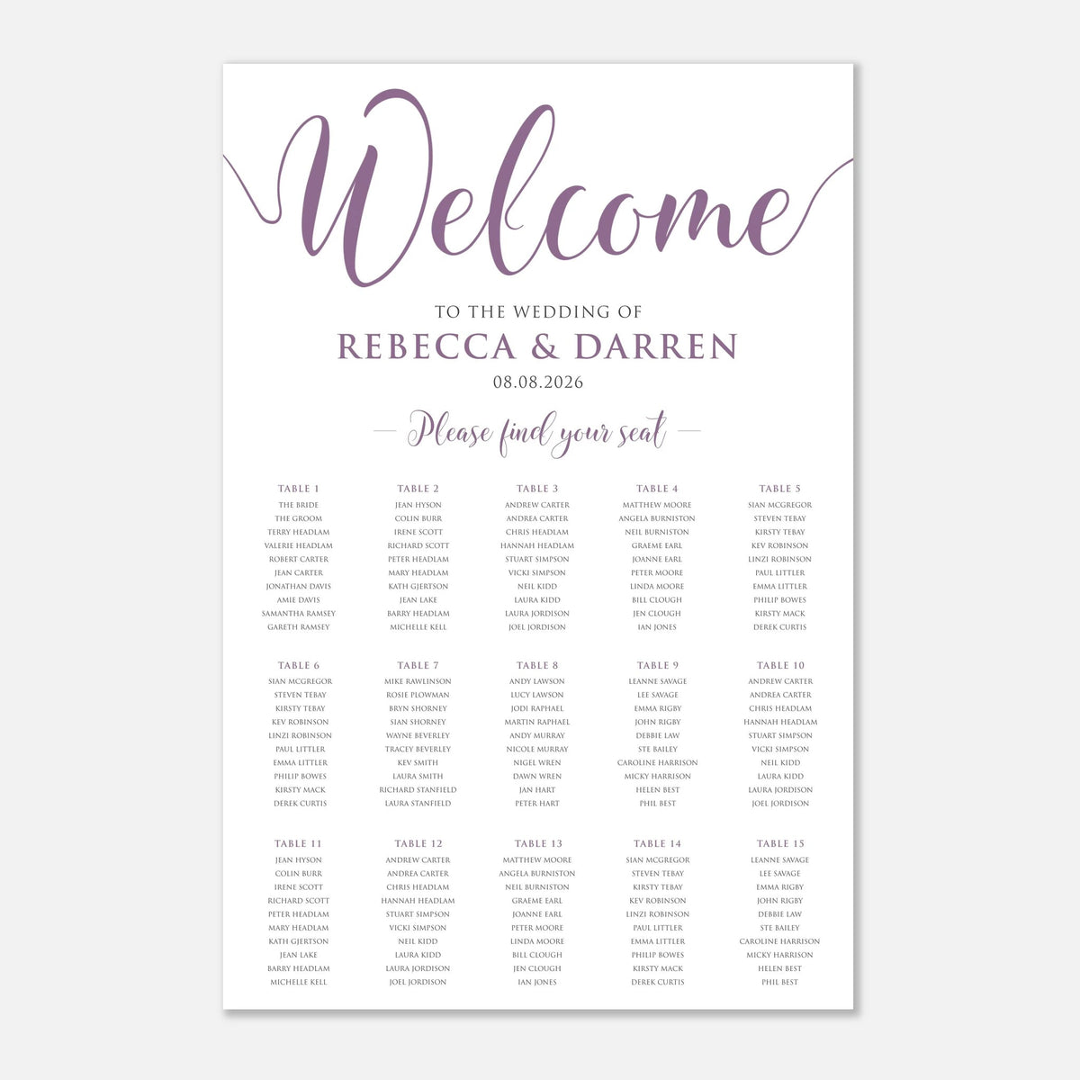 A wedding welcome seating chart print with elegant gray script reading 'Welcome' and table seating arrangements for the wedding of Rebecca & Darren on 08.08.