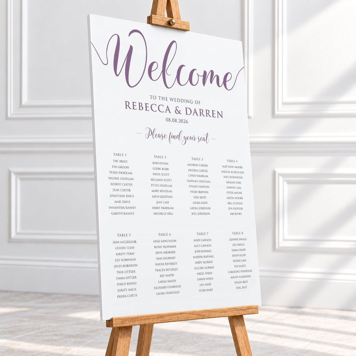 Personalised Dusty Mauve Script Wedding Table Plan – 24 × 36″ Foamboard - We Do Bou