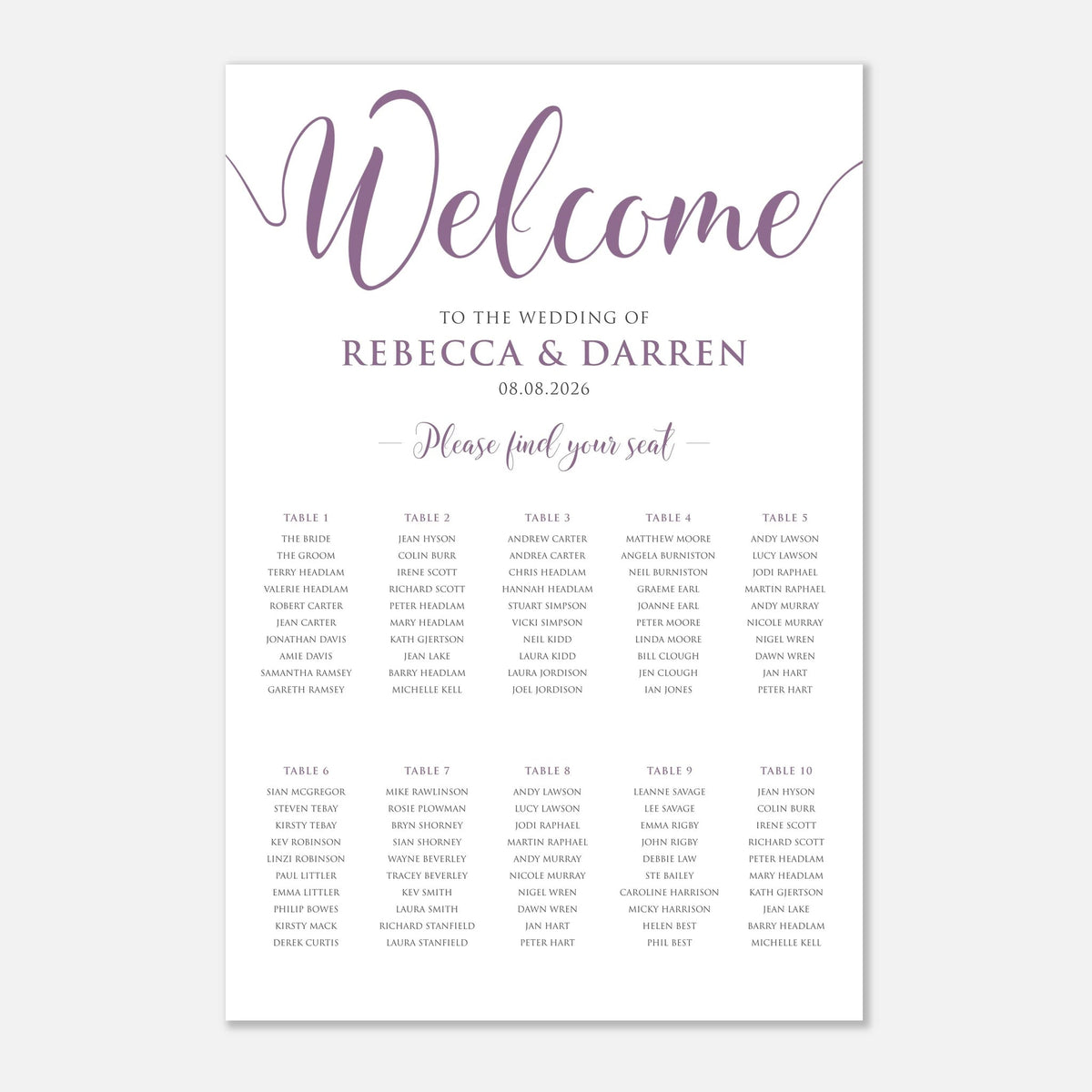 A wedding welcome seating card with a white background, featuring elegant purple script text reading 'Welcome' and a printed seating chart below with table names and guest lists.
