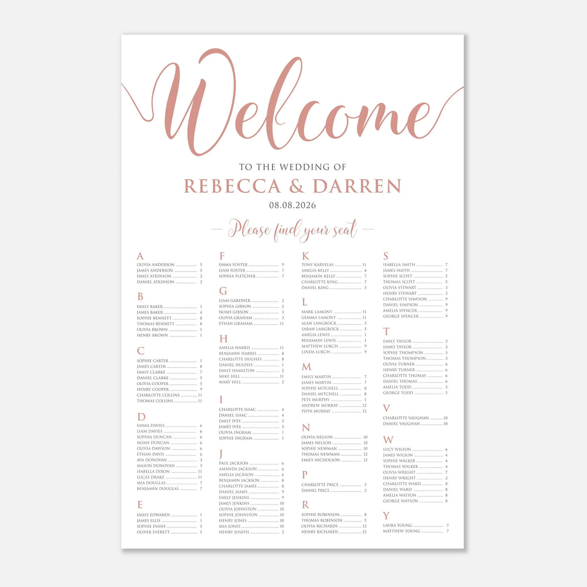 A wedding welcome seating chart print with elegant rose gold script and serif text on a white background, featuring the names Rebecca & Darren and a seated guest list organized in columns.