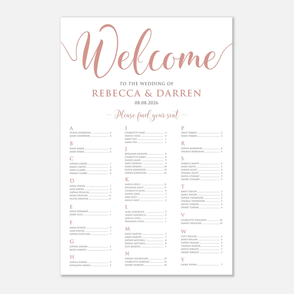 A wedding reception welcome seating chart print with elegant rose gold script and serif text on a white background, displayed against a light gray backdrop.