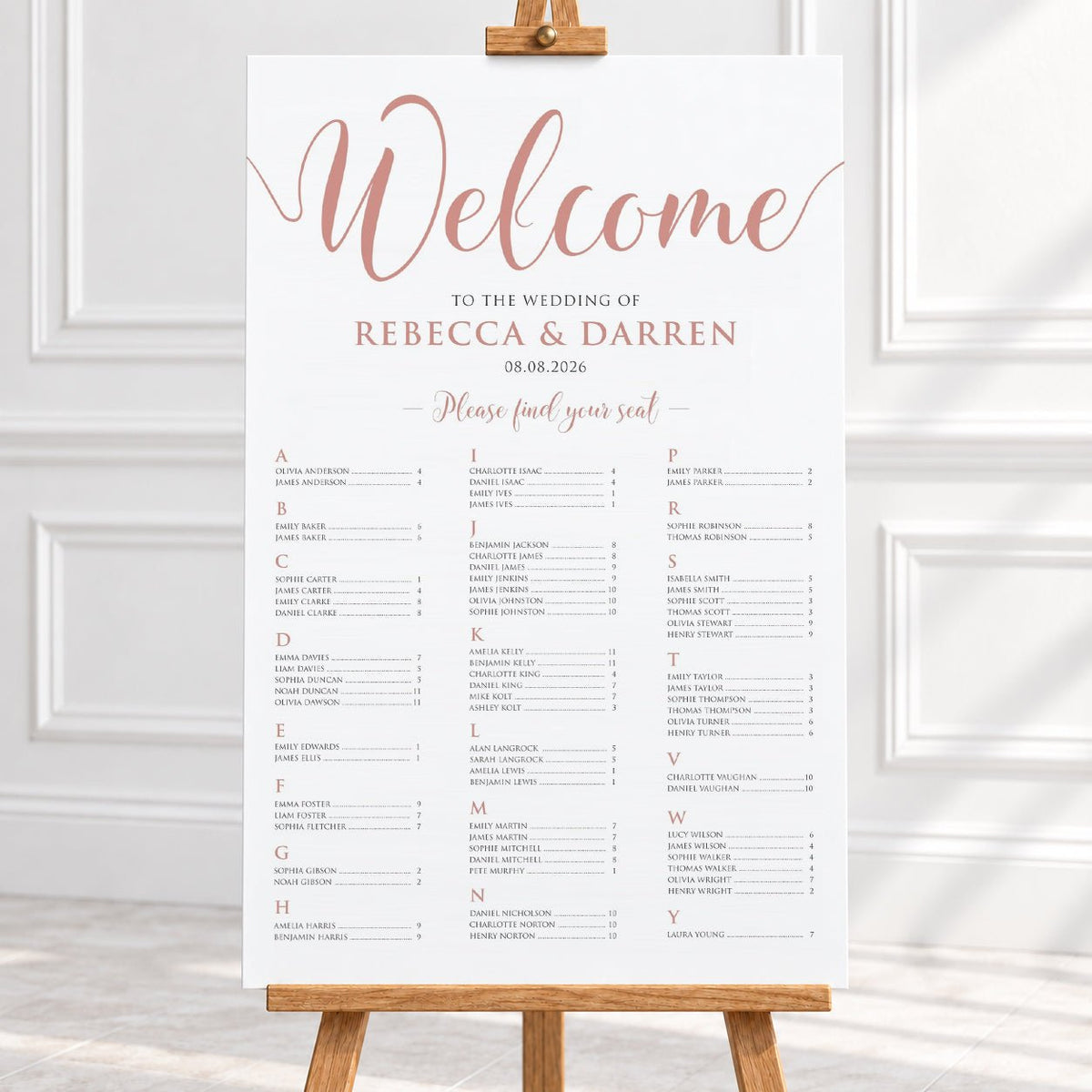 Personalised Dusty Rose Gold Script Wedding Seating Chart – 24 × 36″ Foamboard - We Do Bou