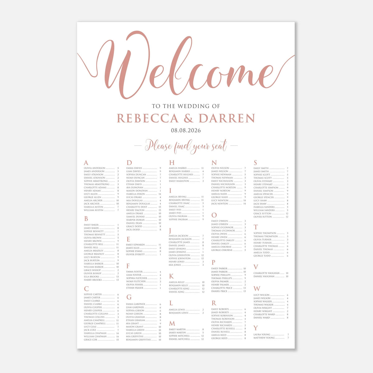A vertical wedding welcome sign with elegant rose gold script and serif text on a white background, featuring the names Rebecca & Darren and a seated guest list organized in columns.