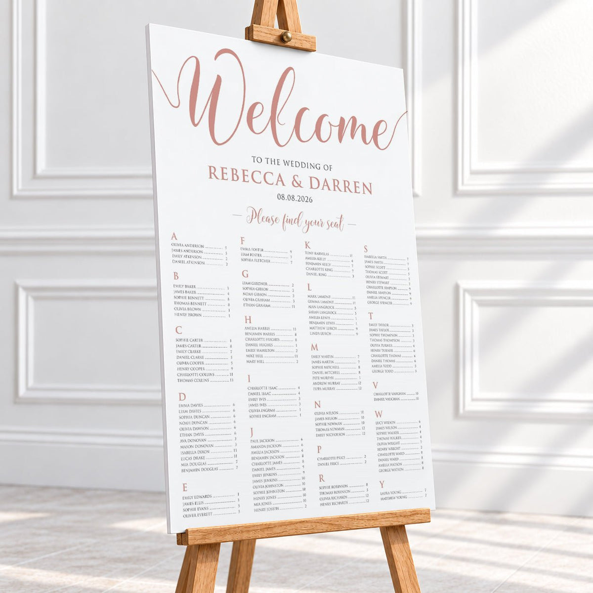 Personalised Dusty Rose Gold Script Wedding Seating Chart – 24 × 36″ Foamboard - We Do Bou