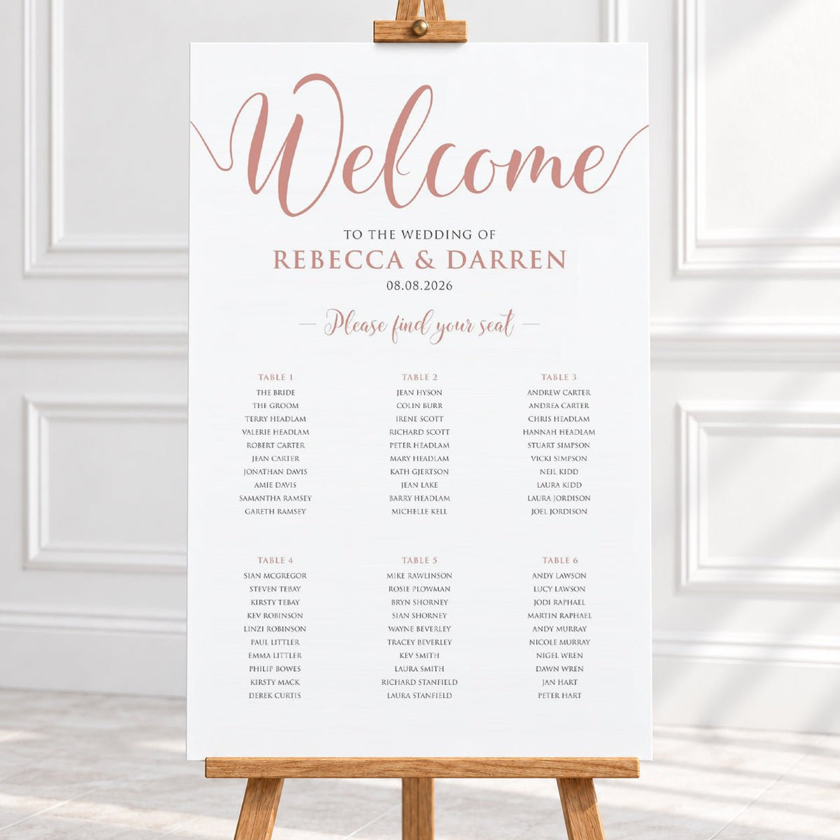 Personalised Dusty Rose Gold Script Wedding Table Plan – 24 × 36″ Foamboard - We Do Bou