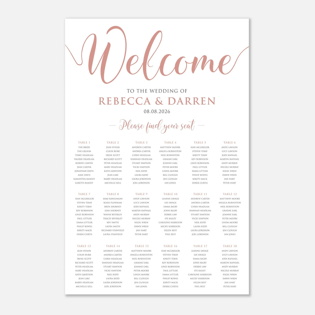A wedding seating chart print with elegant rose gold script reading 'Welcome' and the names 'Rebecca & Darren' with the date '08.08. with 18 tables.