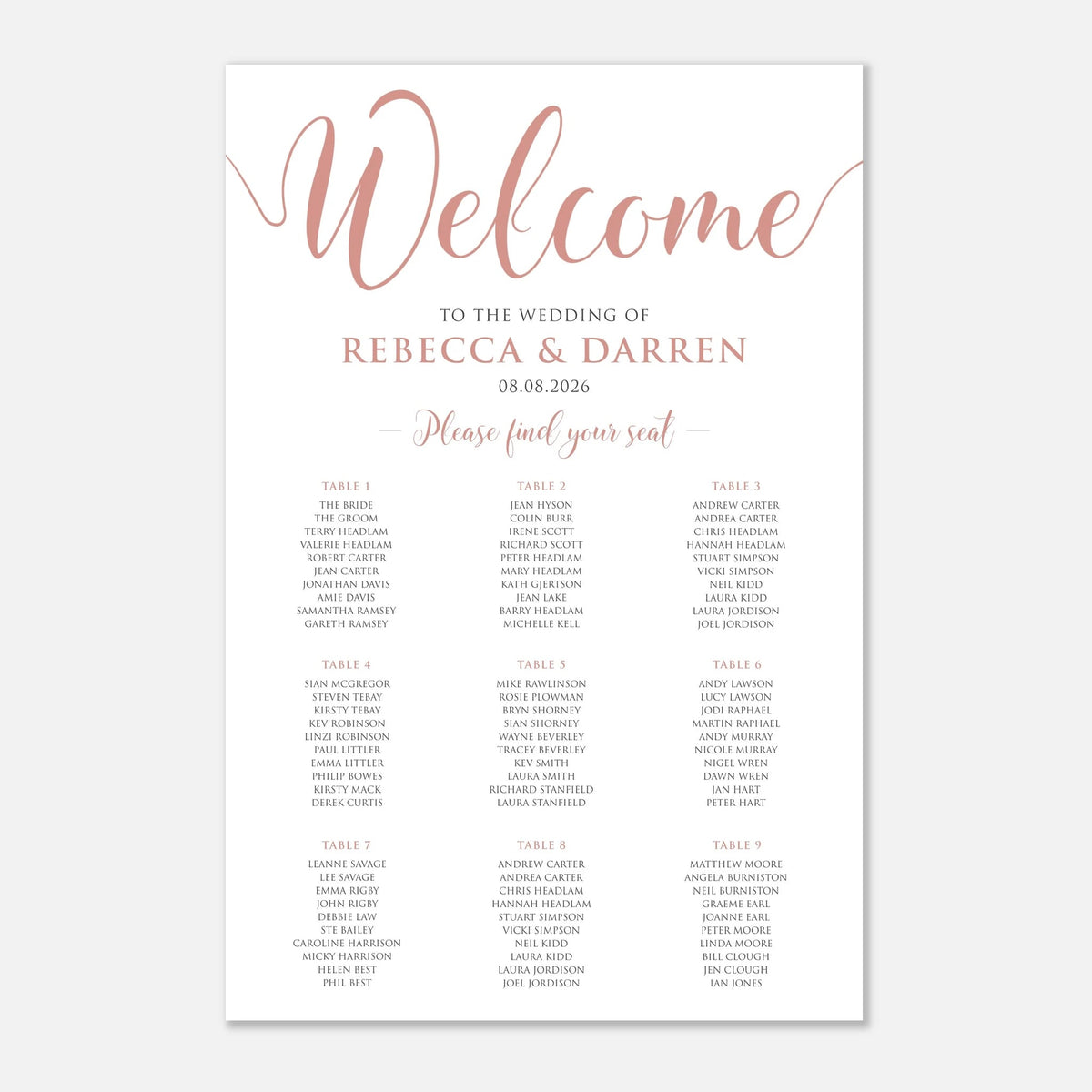 A wedding reception seating chart print with elegant rose gold script and serif text on a white background, titled 'Welcome' and listing tables for the wedding of Rebecca & Darren on 08.08.