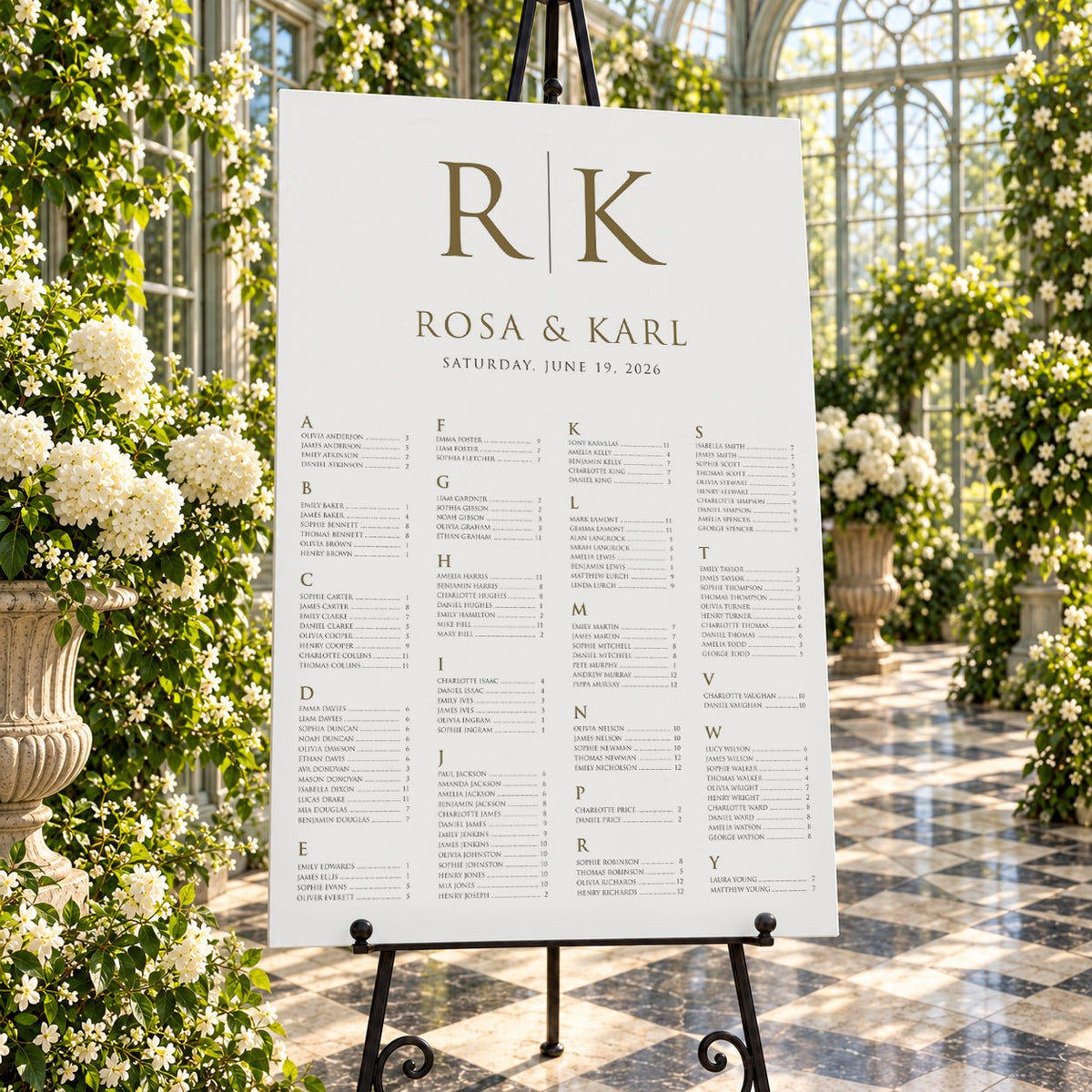 Personalised Gold Monogram Wedding Seating Chart – 24 × 36″ Foamboard - We Do Bou