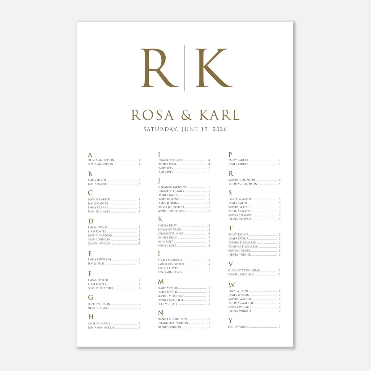 A wedding seating chart print with elegant gold lettering on a white background, featuring the initials 'R|K', the names 'ROSA & KARL', the date 'SATURDAY, JUNE 19, 2026', and columns of guest names organized by letters.