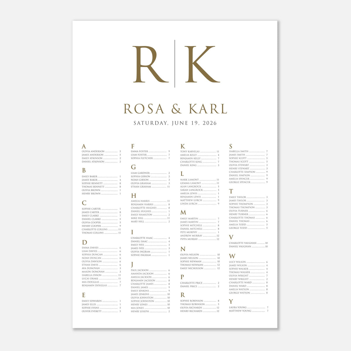 A wedding reception seating chart print featuring elegant gold typography on a white background, with large initials 'R|K', the names 'ROSA & KARL', the date 'SATURDAY, JUNE 19, 2026', and organized attendee lists arranged in columns below.