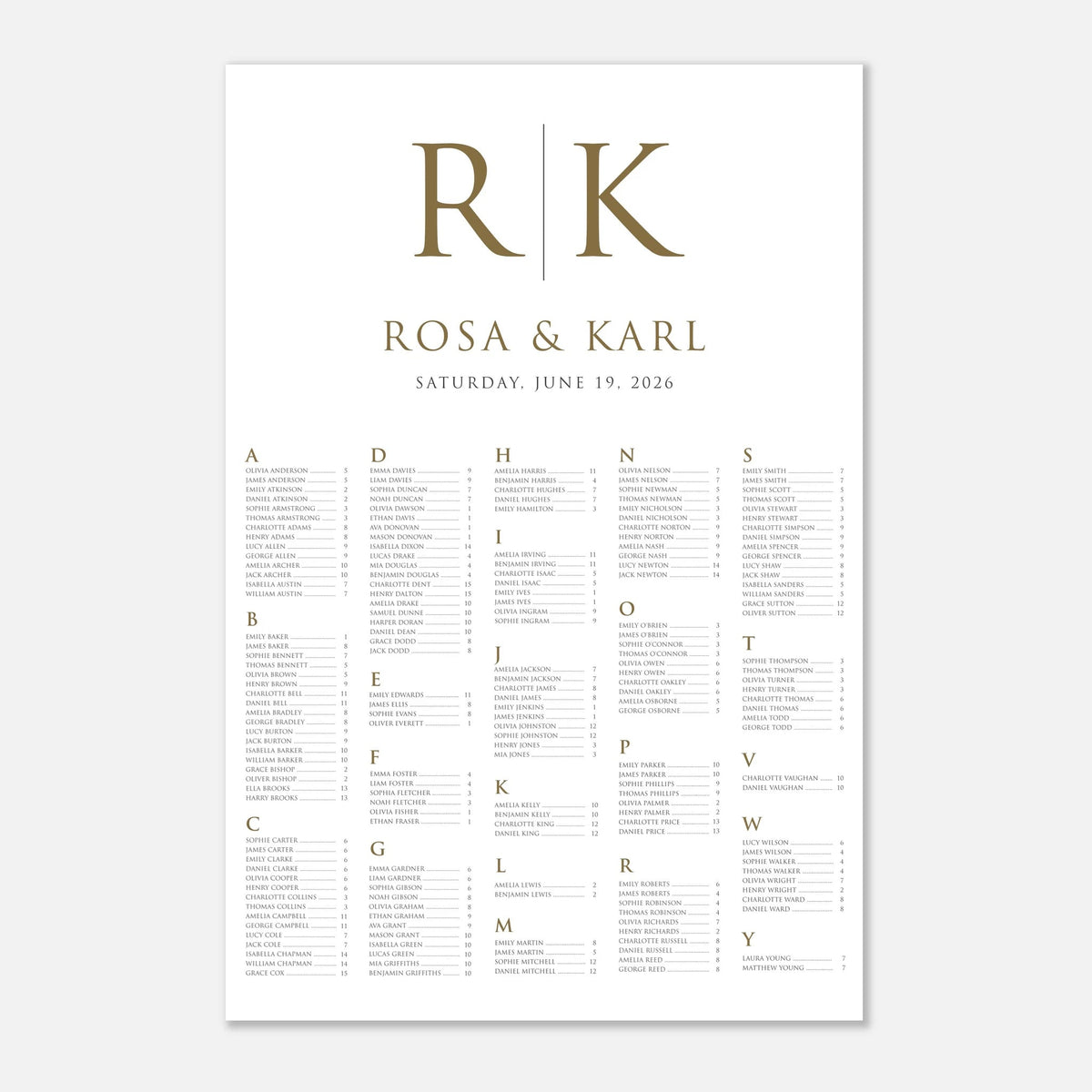 A wedding reception seating chart print featuring gold monogram initials 'R|K' and the names 'ROSA & KARL' at the top, with event date 'Saturday, June 19, 2026' and a grid of alphabetized guest names below, shown on a light gray background.